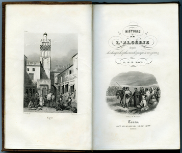 History of Algeria from the most remote times to the present day: title page and frontispiece of a book by J.J. E. Leroy to the Mame editions, half 19th century (this edition of 1864 was offered as a prize book (distribution of prizes) in French primary schools - view of Algiers and vignette showing an exchange of prisoners between priests Christians and chiefs of indigenous tribes -