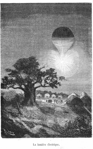 drawing of the book by Jules Verne “Five weeks en Ballon”” (1863) - Hetzel collection/Extraordinary Voyages. The Victoria balloon, illuminated by electric light, flies over an African village. Thumbnail by Riou.