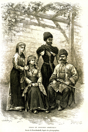 Armenian Types and Costumes - Armenia - Drawing by Pranishnikoff from photographs. Elysee (Elisee) Reclus (1830-1905), Hachette 1881.