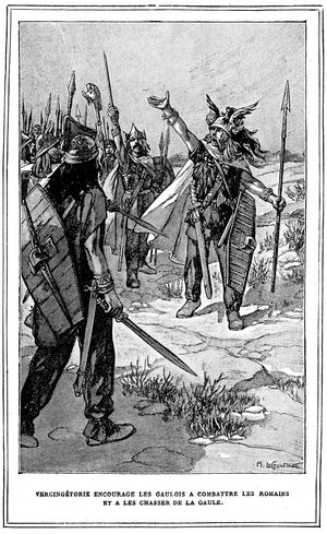 Engraving from L'Histoire de France elementaire by Ernest Lavisse, Librairie Armand Colin 1922 - Vercingetorix encourages the Gauls to fight the Romans and drive them out of Gaul - see also GUT4199 -