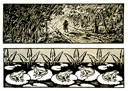 It rains, it wetts, it's a frog party”... double illustration of the famous rhyme. Silhouette walking on a path in a wood in the rain - 5 frogs on water lilies in a pond. Extract from a school book (elementary reading) early 20th century.