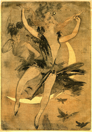Drawing by Jules Cheret illustrating “” Lulu”” by Felicien Champsaur, novel and pantomime in one act (1900) staging a clown dancer. “Lulu”” is considered one of the best examples of what has been called in France the “circus literature”.