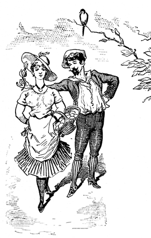 A la volette: illustration by J. Blass' of a children's song (nursery rhyme) from the book “” Chansons et rounds enfantines”” Garnier 19th century edition. Couple of lovers and bird on a branckhe.