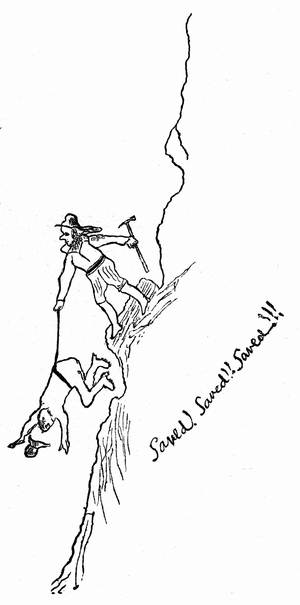 Valais Alps, Switzerland, circa 1890, around Zermatt. Drawing leaves on the door of the Matterhorn hut by an climber (climber): a man falling into the void is held by another thanks to a rope and exclaims “” Saved! Saved! Saved!!! “” (Save, save, save!!!) - Drawing reproduced in Emile Yung's book “Zermatt and the Vallee de la Viege”” 1894.
