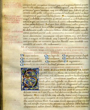 Italian manuscript 15th century on parchment. “” De Institutione Oratoria””, Marcus Fabius Quintilianus (Quintilian). Library of Carcassonne.