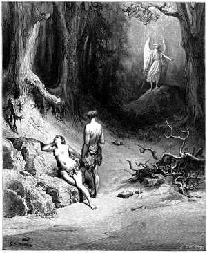 Adam and Eve are hunting from Paradise. Illustration by Gustave Dore for “Paradise Lost” by John Milton (1608-1674). Engraving from 1866. Private Collection
