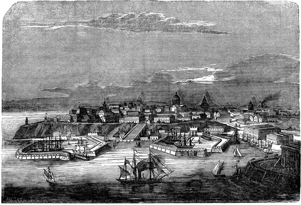 The city of Odessa (Russia, Ukkraine, Black Sea) and its port in the middle of the 19th century. Engraving of the Dictionnaire Universelle, Pantheon litteraire et encyclopedie illustree by Maurice La Chatre (Lachatre), edition 1853.