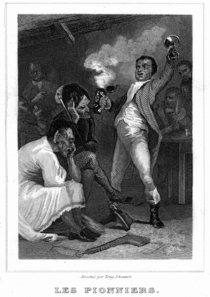 Engraving by Tony Johannot in the frontispiece of J.F. Cooper's novel “Les Pionniers”” (French edition Furne 1866). At the end of the 18th century, pioneers of New York State, Earl of Otsego, near Susquehanna spring, let an old Indian Mohican drink alcohol in a tavern, until he became drunk.