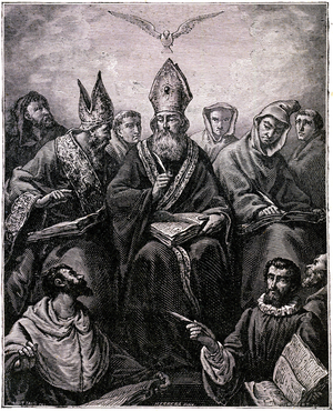 Saint Basil dictating his doctrine, (Basil of Cesaree, known as the Great, 330-379) engraving from a work of Mame editions, late 19th century. Example of the modifications made in popular editions to an original work, in this case the painting by Francisco Herrera (1585-1657) preserved at the Musee du Louvre (see BRA012318) Comparing the two versions of this same scene allows us to engage in a fun game of differences.