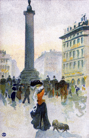 La place et la colonne Vendome in Paris, France - chromolithography late 19th - beginning 20th century - young woman, elegante Parisienne walking her dog - caleches and fiacres -