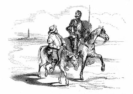 Don Quixote (Qijote, Quixote) rides on his horse Rossinante with his fidele squiyer Sancho Panza (Panca) on his donkey. Illustration of Cervantes's novel published in France in 1845 by Dubochet & Cie, translation by Louis Viardot, engravings by ony Johannot.