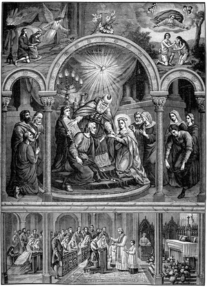 Illustrated page of the Catechisme en images published for the first time in 1908 by the Maison de la Bonne Presse and republished until 1942. This edition dates back to 1932. Catholic religion - sacraments: sacrament of marriage - Saint Joseph marries the Blessed Virgin Mary in the presence of the High Priest in the Temple of Jerusalem. On the right, a young man (Joseph's brother) breaks a branch received from the high priest because he was not chosen to marry Mary - Tobie and Sara protected by the angel Raphael (upper left) - Adam and Eve (upper right) - bottom: marriage to the church of a Christian couple - Christian union - proselytism-