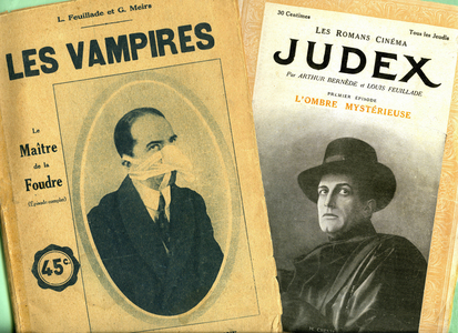 Covers of two illustrious novels from Louis Feuillade's films “The Vampires” and “Judex”. After the immense success of “” Fantomas”” (1913-1914), Feuillade was in trouble with his next film, “” The Vampires” (1915-1916), which was banned by the police chief. The following year (1917) released “Judex”, a 5-hour series in 12 episodes, with the main roles Musidora and Rene Creste. As was customary at that time, the cinematographic work was relayed by handy brochures illuminated by photos taken from the film.