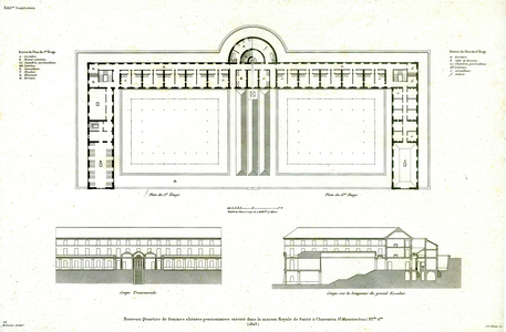 Asylum of Charenton: map (map) of the new residential women's neighbourhood executed in the Maison Royale de Sante in Charenton Saint Maurice (St. Maurice) by architect Leroux - Dessine and grave by J.J Olivier de Castres. Steel engraving drawn on paper 1823 - Architectural board - Plate 2: Cross section - Cut on the length of the large staircase - Plans of the 1st and 2nd floor