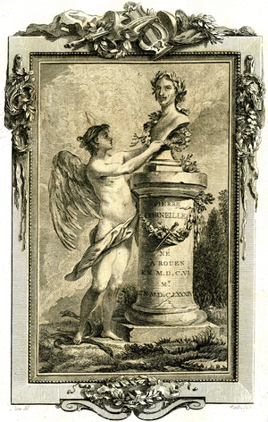 Bust of Pierre Corneille girded with laurels and honoured by his Muse. Frontispice du Theatre in 8 volumes, Geneva 1774