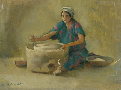 Cottage interior, Siloam, Grinding Corn (oil on canvas)