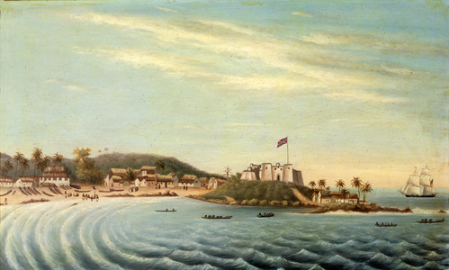 'Herald' Brig entering Dixcove, Gold Coast, Africa (oil on canvas)