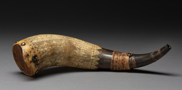 Powder Horn, before 1815 (horn, wood, brass & cordage)
