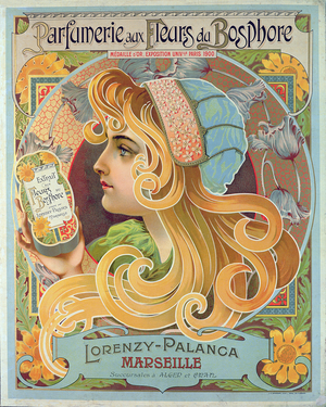 Advertisement for 'Lorenzy-Palanca' perfume shop, Marseille, c.1900 (colour litho)