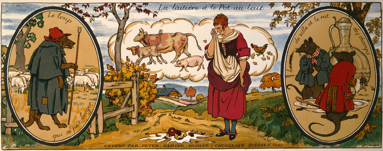 The Milkmaid and the Milk Can, from 'Fables' by Jean de La Fontaine (1621-95), trade card of 'Peter, Cailler, Kohler' Swiss chocolates (colour litho)