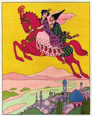 The Horse lifting them up into the air, illustration for 'The Magic Horse', from 'The Arabian Nights', 1939 (colour engraving)