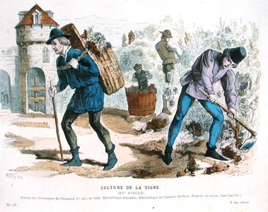 Viticulture in the Fifteenth Century, after 'Chroniques' by Froissard, from 'Costumes de Paris a Travers les Siecles' ed. Roy, published 1887 (coloured engraving)
