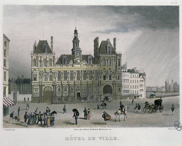 The Hotel de ville, Paris, 1832 (colour engraving)