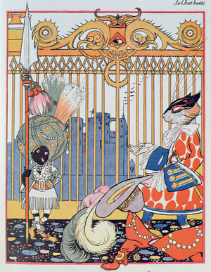 Puss in Boots before the Ogre's Castle, illustration for 'Puss in Boots' by Charles Perrault (1628-1703) (colour engraving)