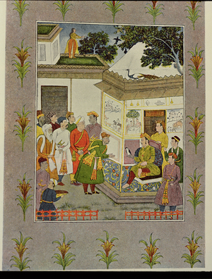 The Traveller bowing before the king, illustration for 'The Story of the Bronze City', from 'The Arabian Nights', 1895 (colour engraving)