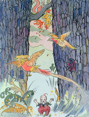 Tom Thumb crying, illustration for 'Tom Thumb' by Charles Perrault (1628-1703) (colour engraving)