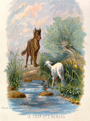 'The Wolf and the Lamb', illustration from 'Fables' by La Fontaine. 1868 (colour litho)