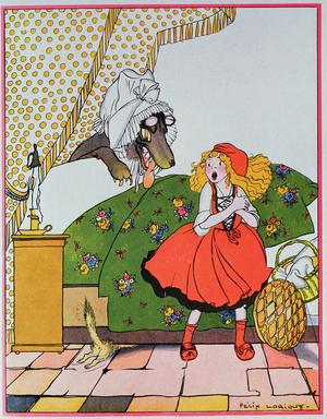 Little Red Riding Hood went to the bedside, illustration for 'Little Red Riding Hood' by Charles Perrault (1628-1703) (colour engraving)