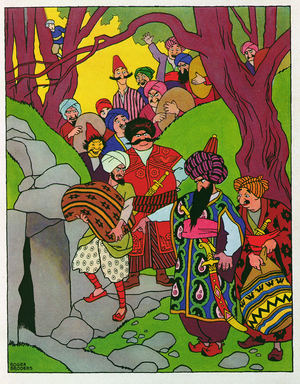 Open Sesame, illustration for 'Ali Baba and the Forty Thieves', from 'Arabian Nights', 1939 (colour engraving)