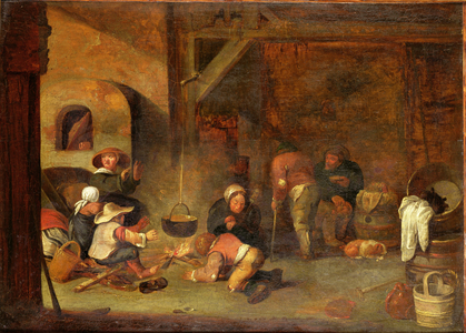 Interior of a barn with peasants warming themselves around a fire (panel)