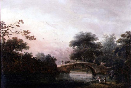 Drovers Guiding Cattle Over a Bridge (oil on canvas)
