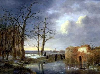 Skaters on a Frozen River (oil on panel)