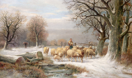 Shepherdess with her Flock in a Winter Landscape (oil on canvas)