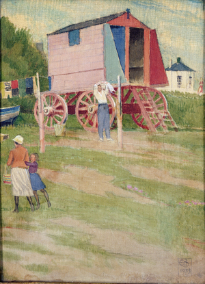 T30876 The Ancient Bathing Machine, 1933 (w/c on silk)