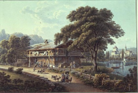 Fisherman's House at Scherzligen, near to Thun, from "Voyage Pittoresque de l'Oberland Bernois", aquatint by J. Hurlimann after Gabriel Lory (1784-1846) (print)