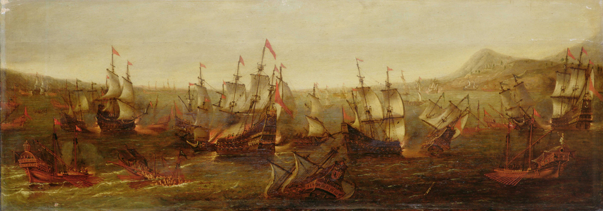An Action between Spanish Ships and Barbary Galleys in a Mediterranean Harbour (oil on panel)