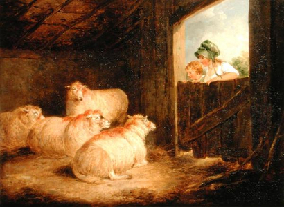 Two Girls Observing Sheep in a Barn (oil on canvas) (one of a pair)(see 166714)