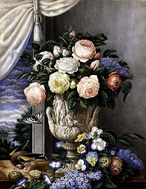 Flowers in a vase on a stone ledge (watercolour over pencil)