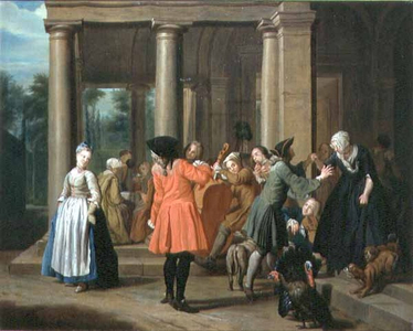 Elegant Figures Dancing on a Terrace