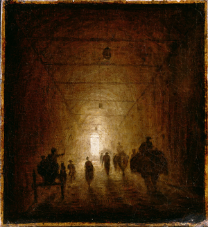 Riders and Pedestrians Passing Through an Arched Passage (oil on canvas)