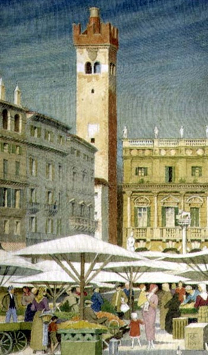 Verona Market, 1941 (w/c on silk)