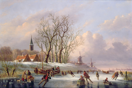 Skaters on a Frozen River before Windmills (oil on panel)