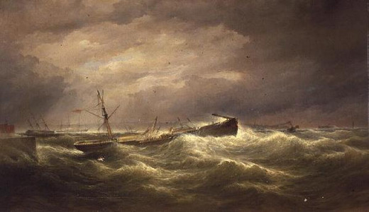 Liverpool from the North End Docks, a Sailing Vessel at Anchor in Distress on the Mersey