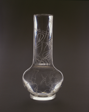 Bottle engraved with bamboo, lingzhi fungus plants and rocks, Qianlong mark and period, 1736-95 (glass)