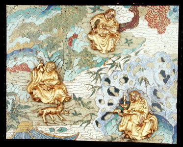 Detail from a pair of plaques depicting buddhist figures in a landscape, Qianlong period, 1736-95 (champleve & cloisonne enamel) (see 206703)