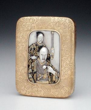 Box and cover showing a feudal lord with retainer (silver gilt)